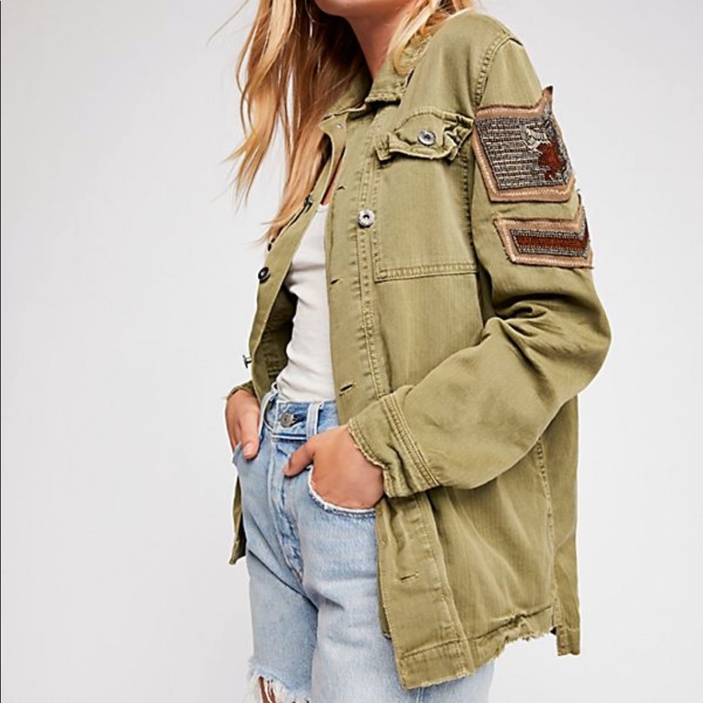Free People Embellished Military Shirt Jacket Sz M